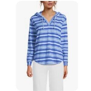 Lands’ End Women’s Blue Striped Long Sleeve Slub Hooded Shirt L Coastal Beach